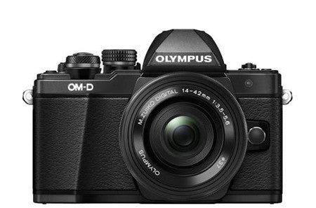 Black Olympus OM-D mirrorless camera with 14-42mm lens and electronic viewfinder.