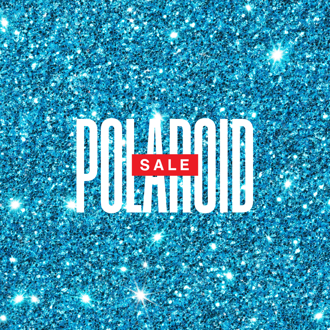 Shimmering blue glitter background with bold text POLAROID and red SALE overlay.
