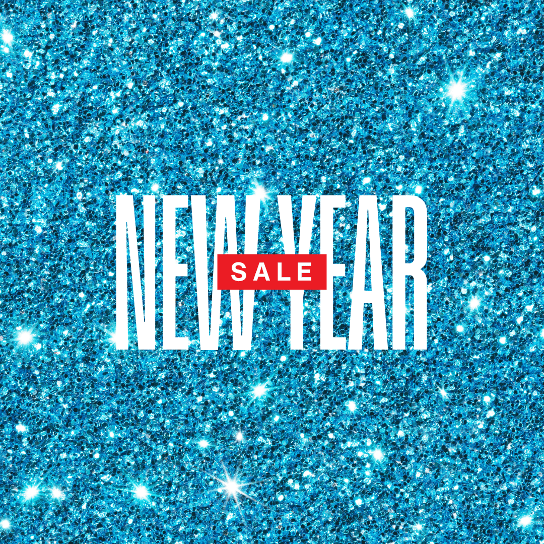 Blue sparkling background with the text New Year Sale in white and red.