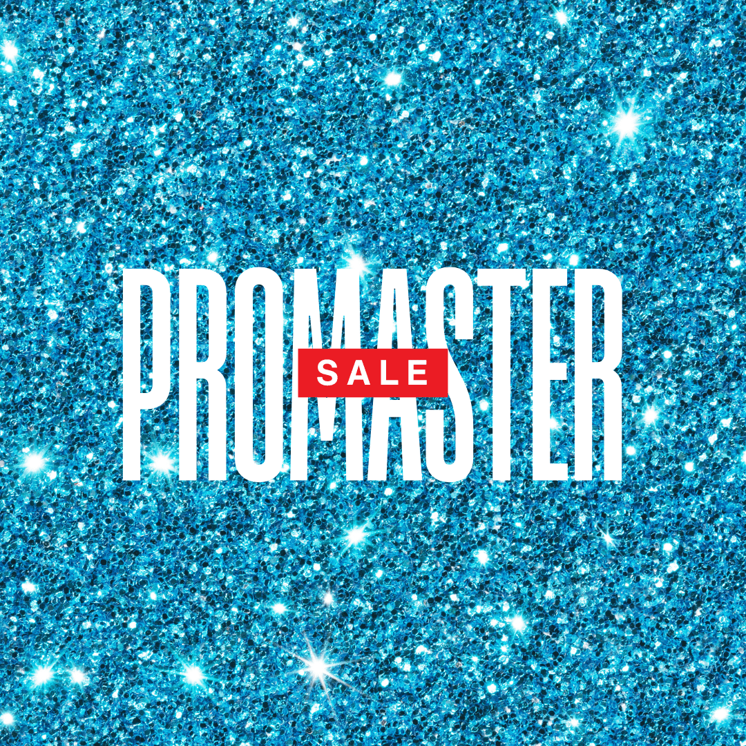 blue glitter background with bold text saying Promaster SALE