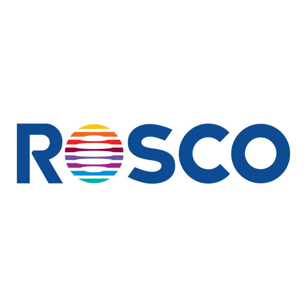 Colorful gradient logo with Rosco in bold blue text, featuring stripes in various colors.