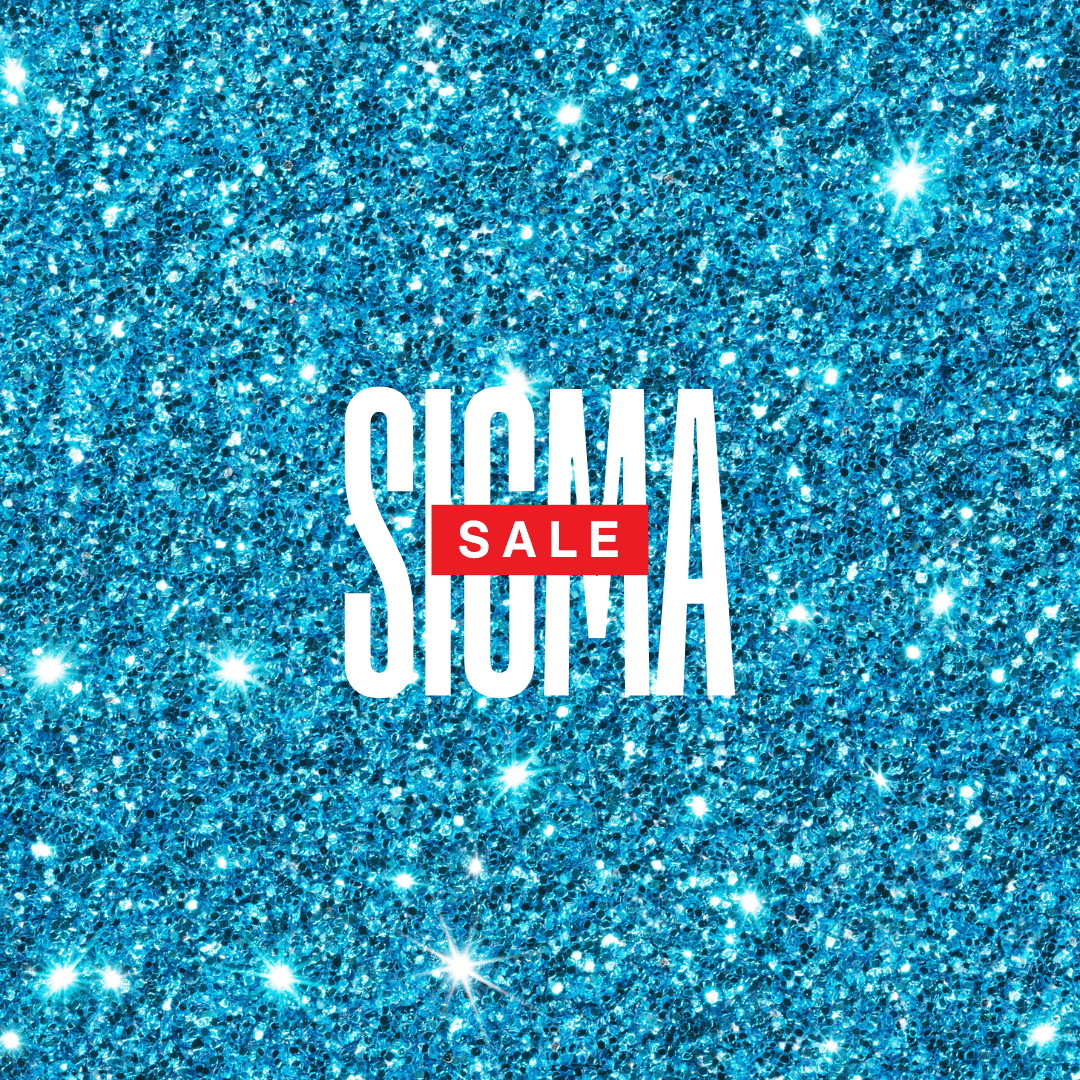 Blue glitter background with white text SIGMA and red SALE overlay.