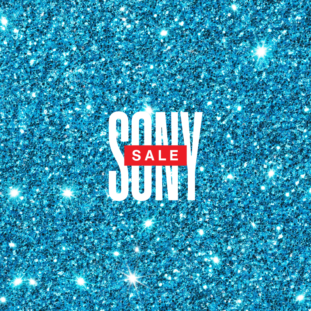 Blue glitter background with the text 'SONY SALE' in white and red.