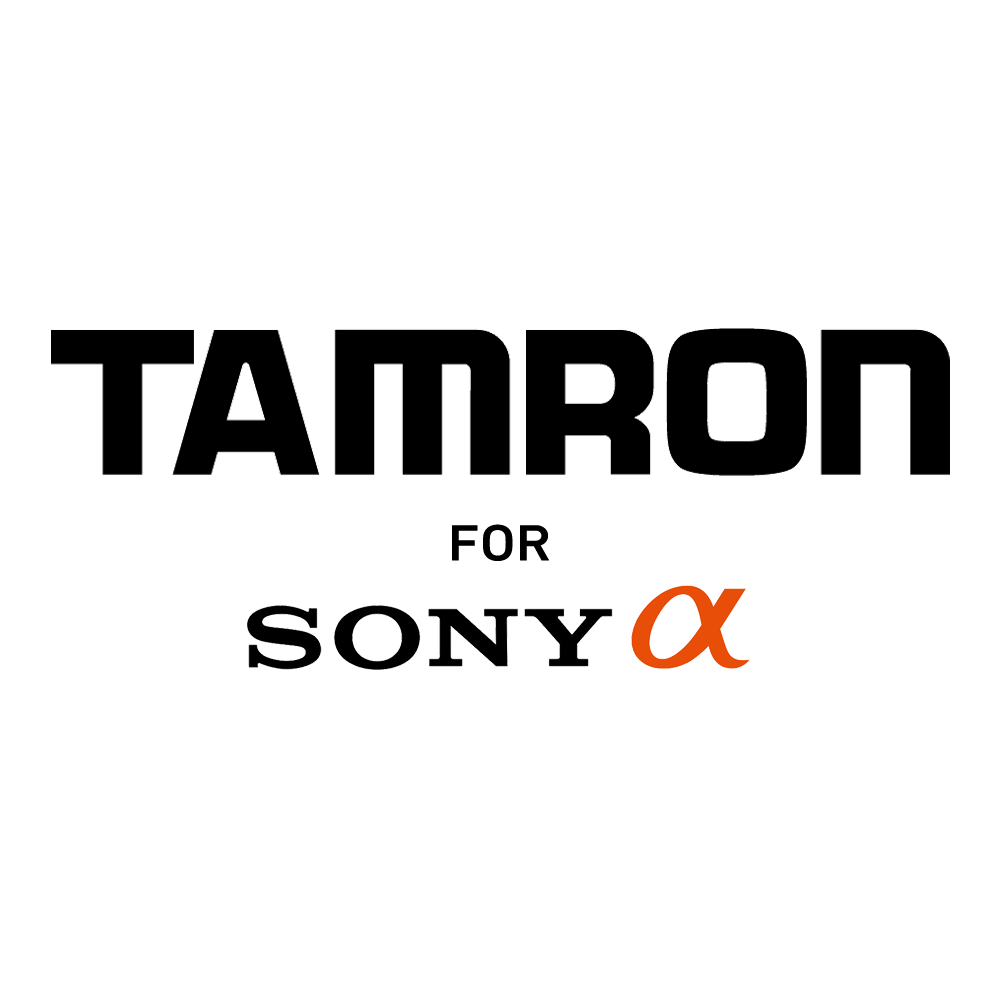 Tamron for Sony logo with bold black text and orange accent on white background.
