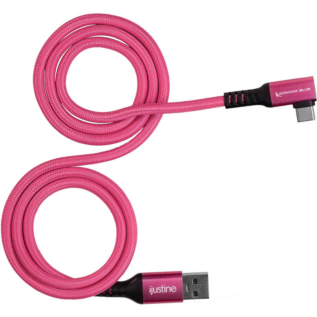 Kondor Blue iJustine USB-A 3.2 Gen 1 Male to USB-C Male Right-Angle Cable (3, Pink)