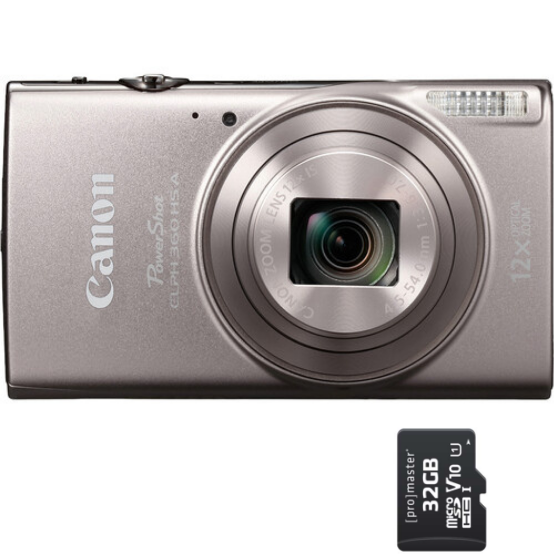 Canon PowerShot ELPH 360 HS A Digital Camera (Silver) with Promaster Micro SDHC 32GB Performance 2.0