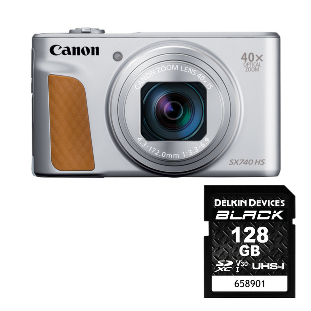 Canon PowerShot SX740 HS Digital Camera (Silver) with Delkin Black Rugged SD Card - 128 GB
