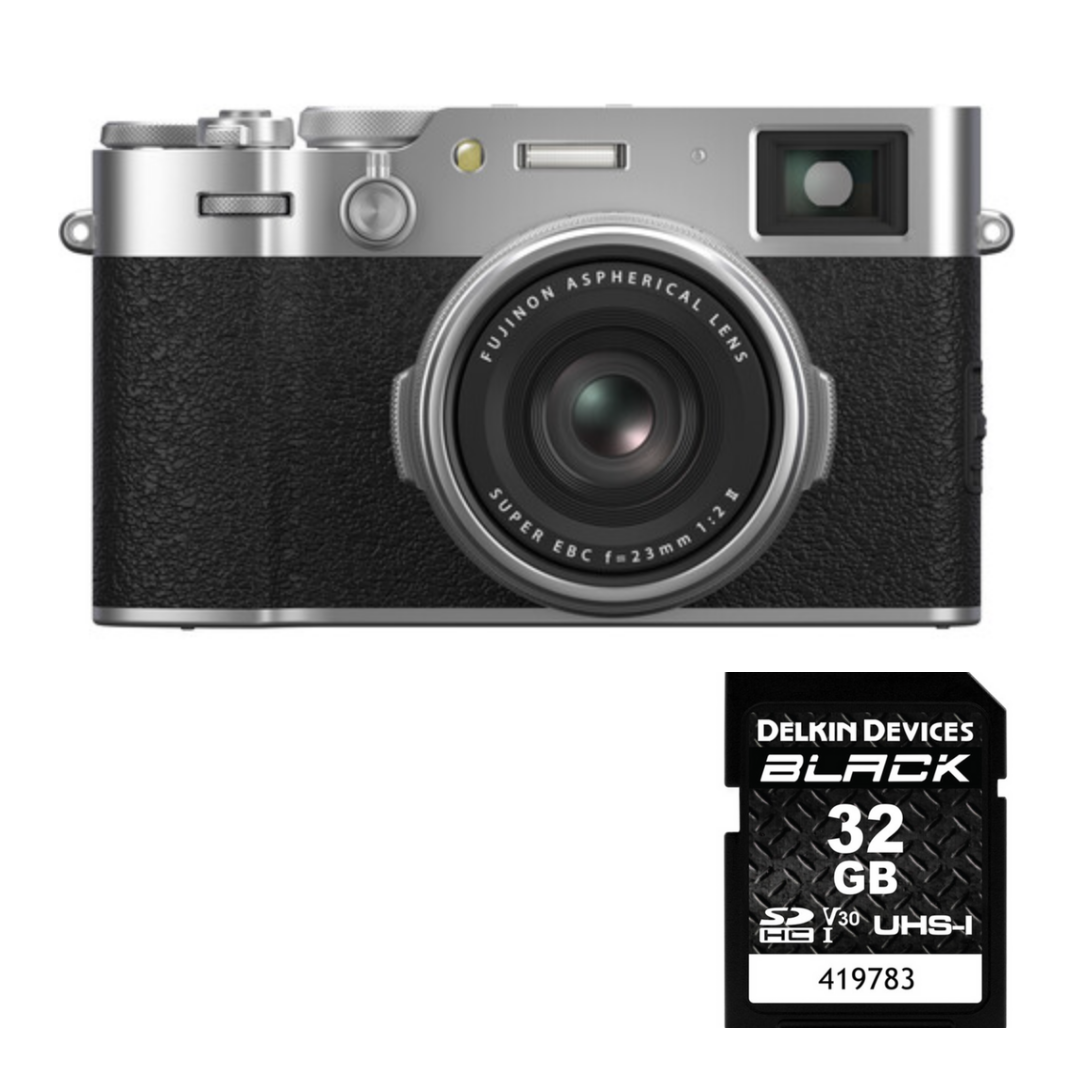 FUJIFILM X100VI Digital Camera (Silver) with Delkin Black Rugged SD Card 99MB/S - 32 GB