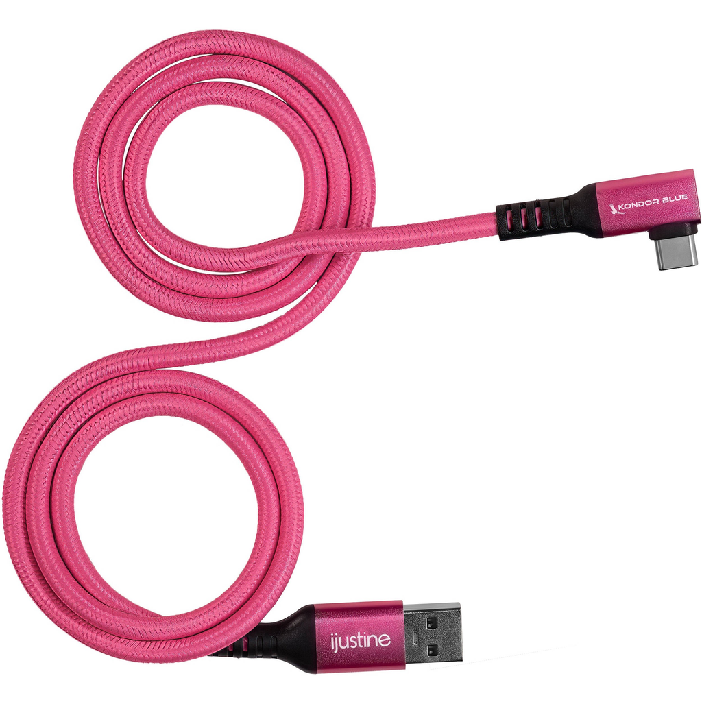 Kondor Blue iJustine USB-A 3.2 Gen 1 Male to USB-C Male Right-Angle Cable (3', Pink)