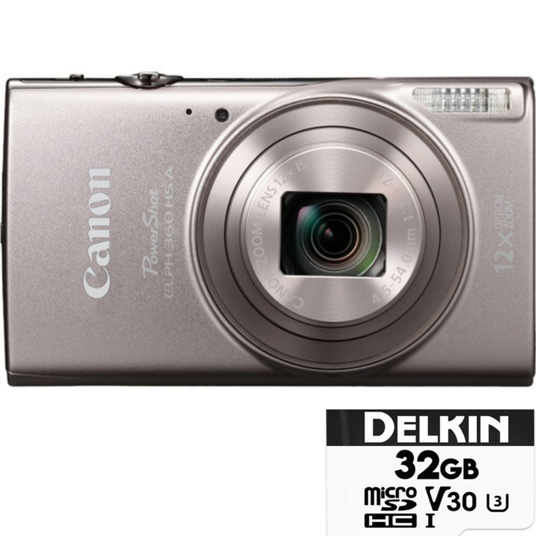 Canon PowerShot ELPH 360 HS A Digital Camera (Silver) with Delkin Devices 32GB Advantage MicroSDHC UHS-I V30 660x U3
