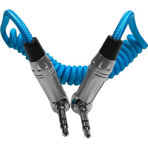 Kondor Blue Coiled 3.5mm Right-angle TRS Stereo Audio Cable (12-24’) - B&C Camera